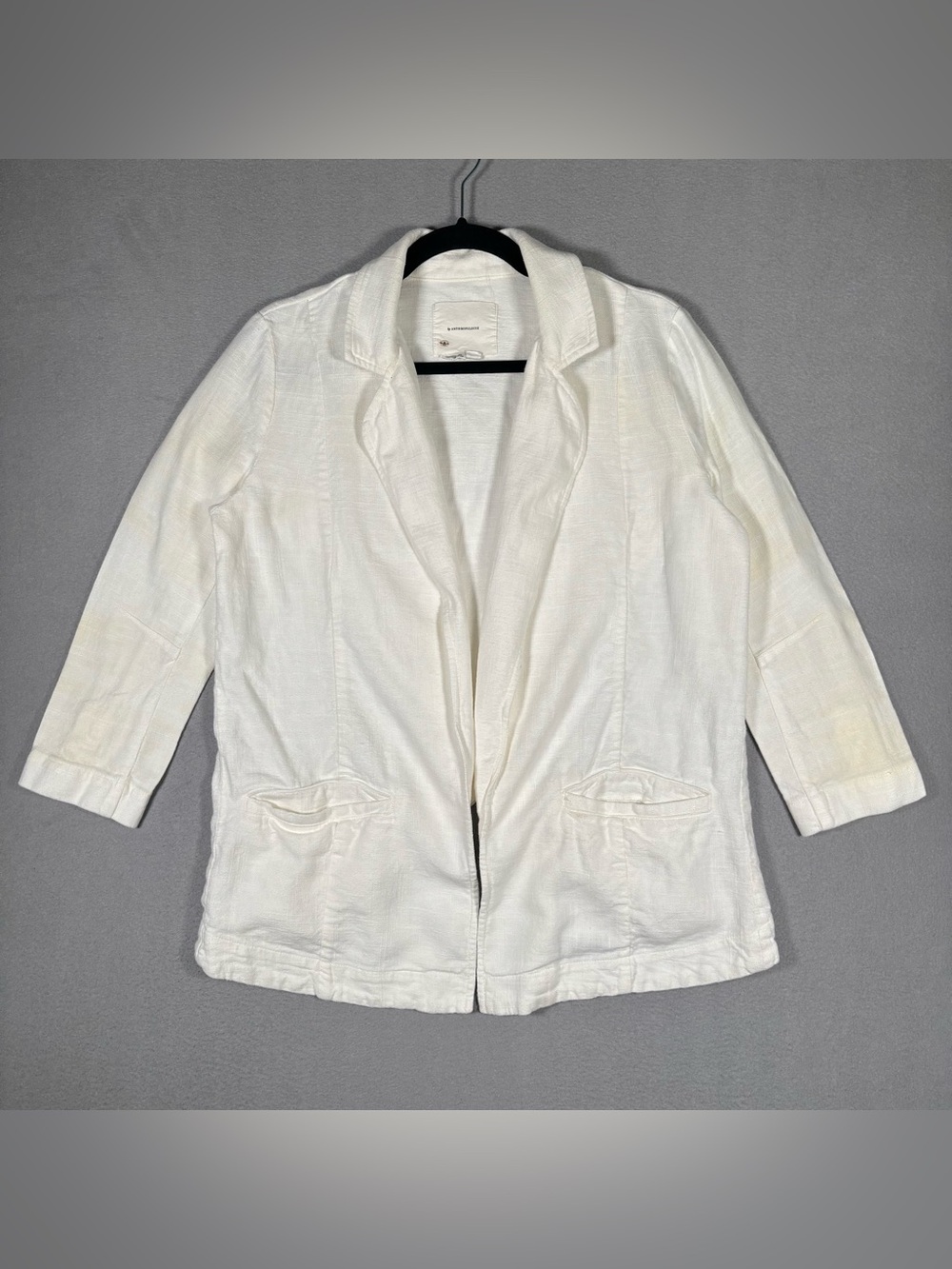 Anthropologie Linen Blend Tulip Blazer Women’s 4 Ivory Hem Open Front *Stains*